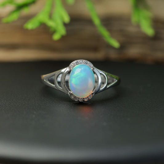 Natural Ethiopian Opal Split-Shoulder Halo Ring