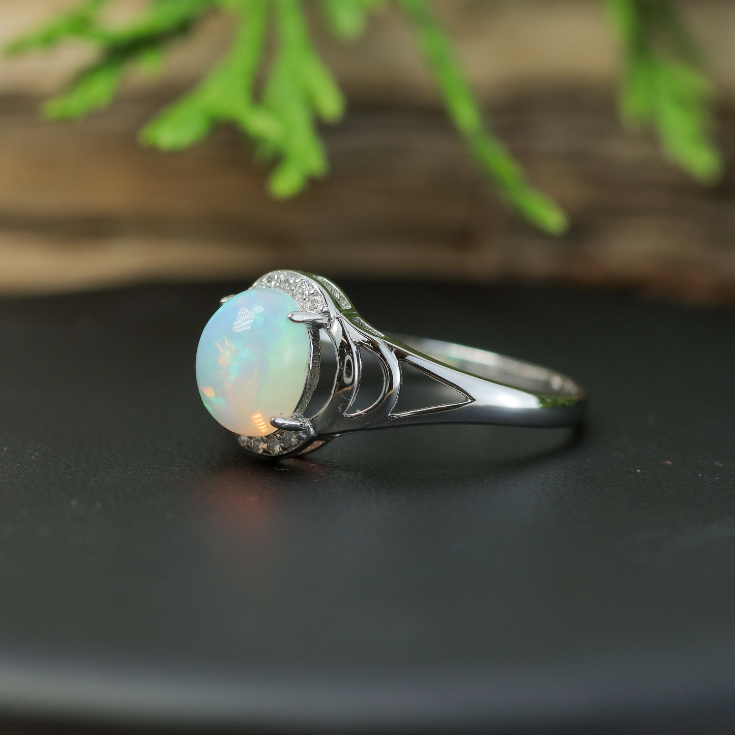 Natural Ethiopian Opal Split-Shoulder Halo Ring