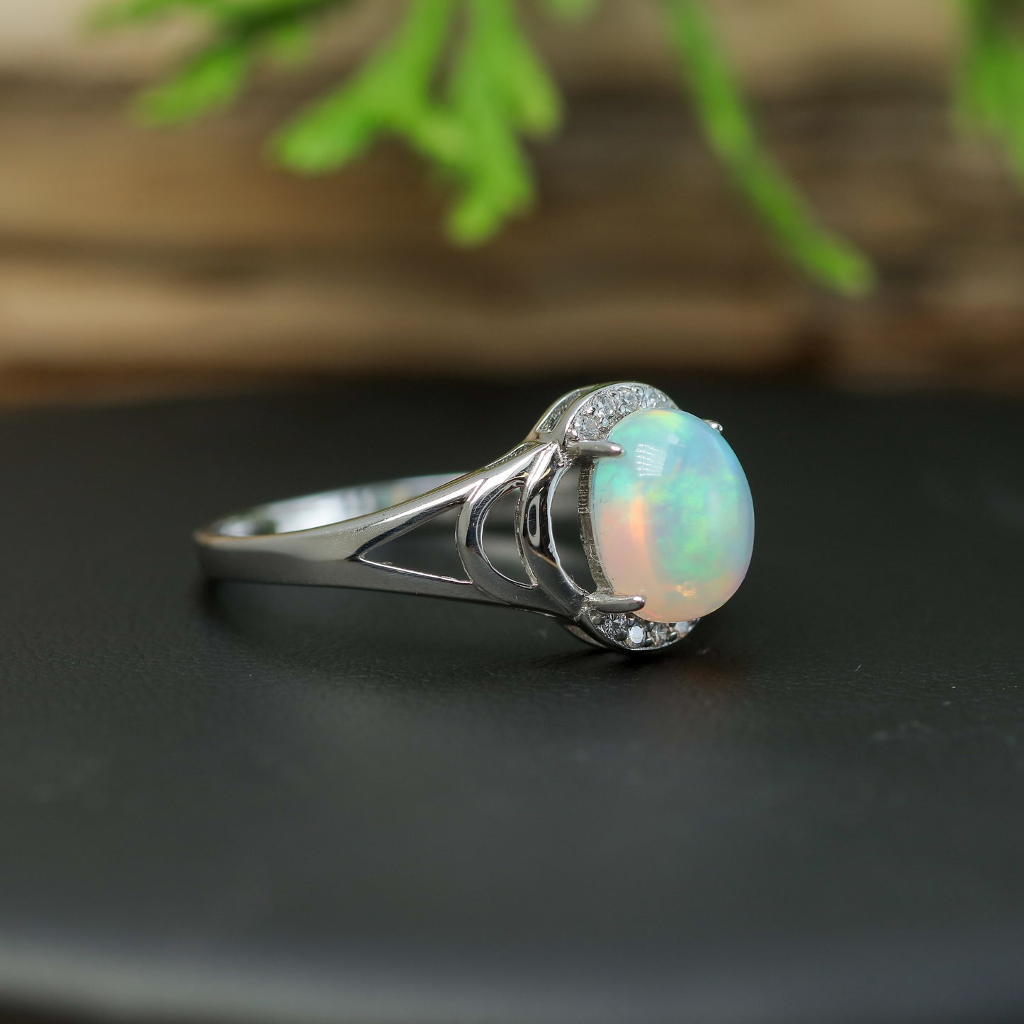 Natural Ethiopian Opal Split-Shoulder Halo Ring