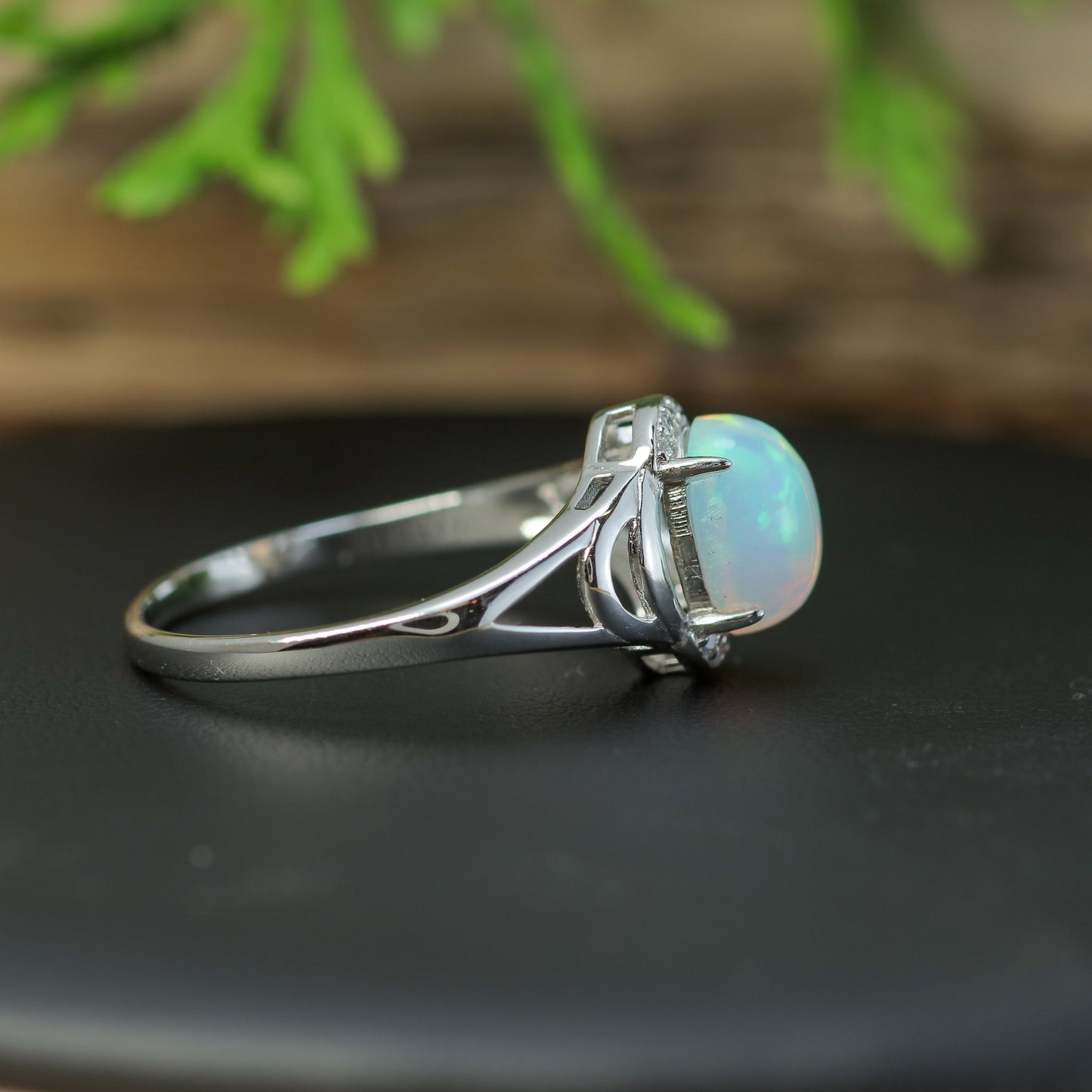 Natural Ethiopian Opal Split-Shoulder Halo Ring