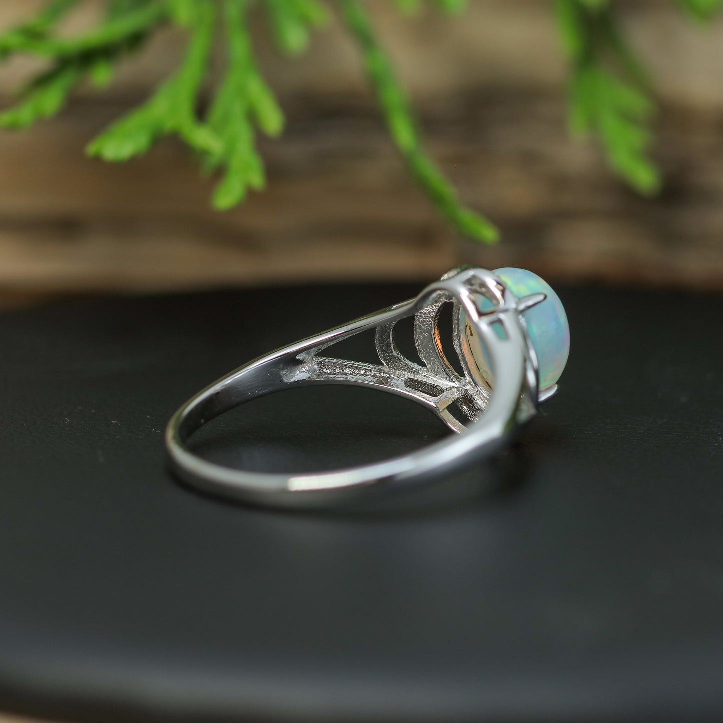 Natural Ethiopian Opal Split-Shoulder Halo Ring