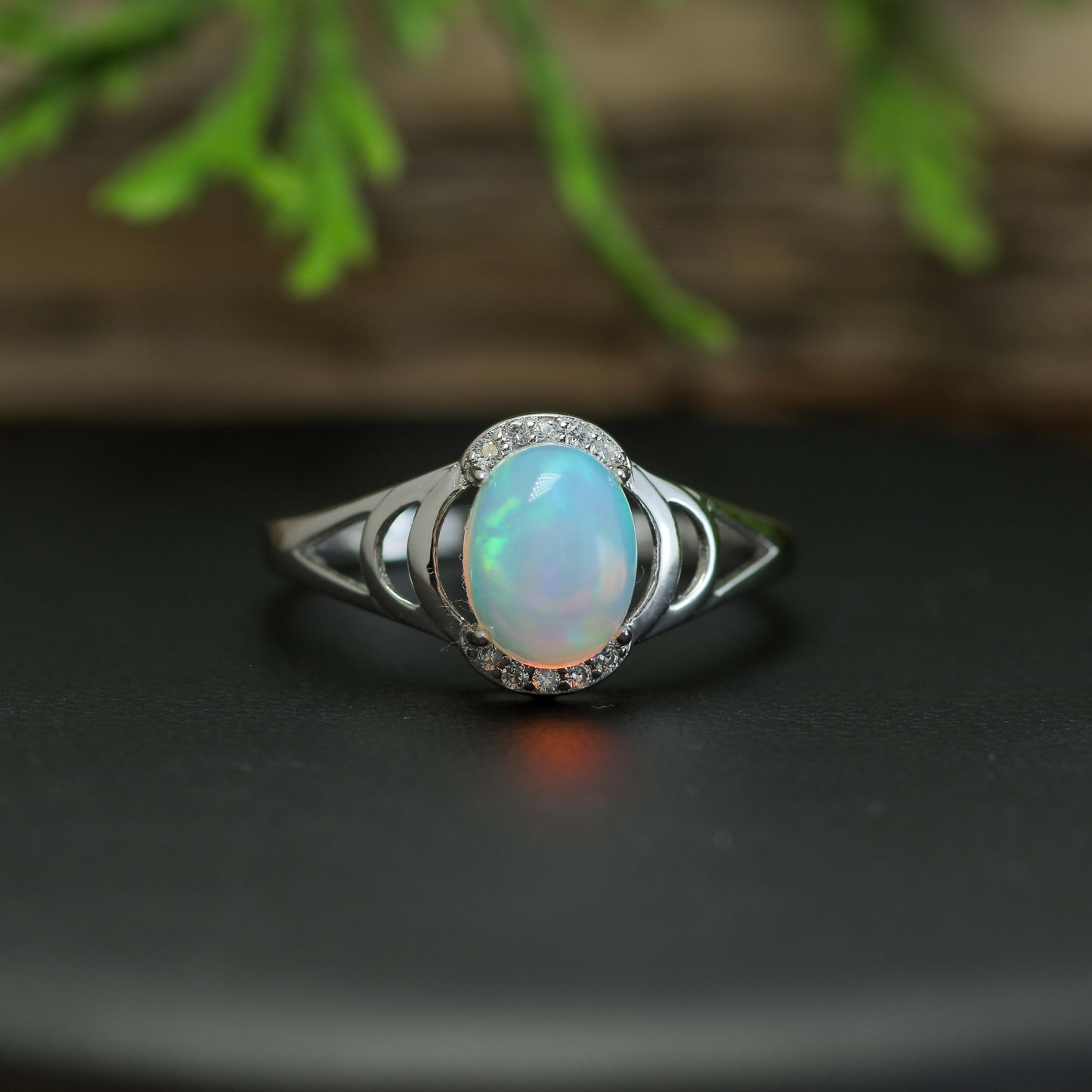 Natural Ethiopian Opal Split-Shoulder Halo Ring