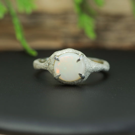 Handcrafted Coober Pedy White Opal & Lab Diamond Textured Ring