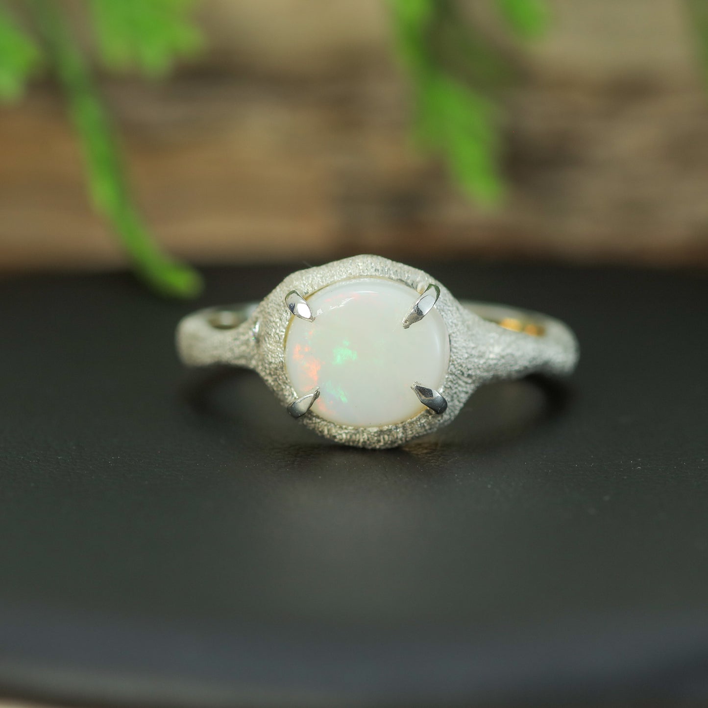 Handcrafted Coober Pedy White Opal & Lab Diamond Textured Ring