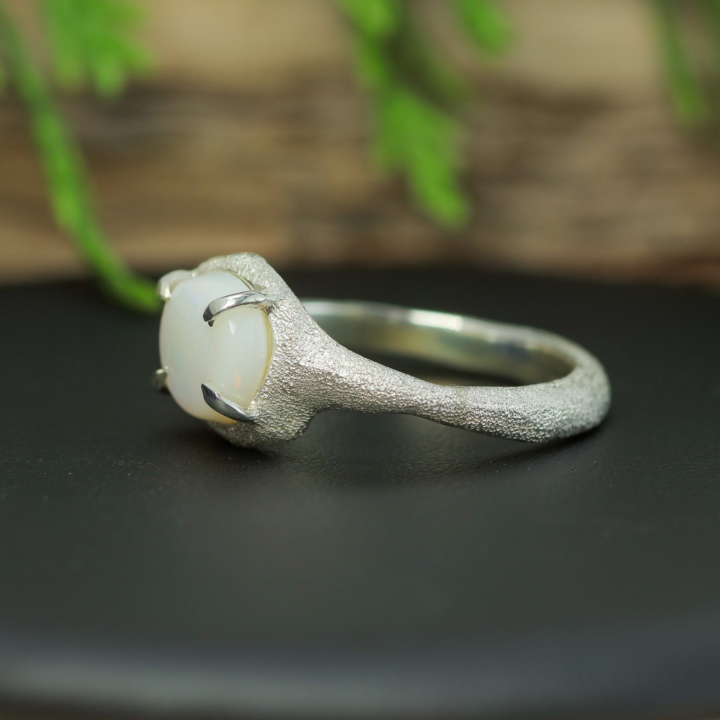 Handcrafted Coober Pedy White Opal & Lab Diamond Textured Ring
