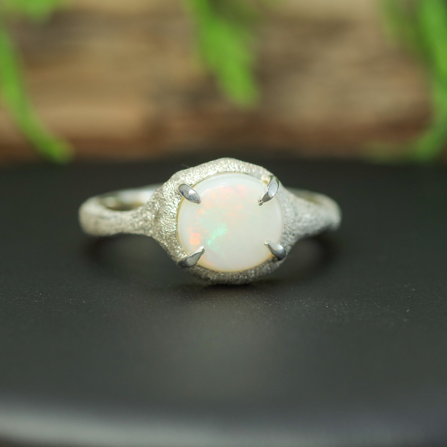 Handcrafted Coober Pedy White Opal & Lab Diamond Textured Ring