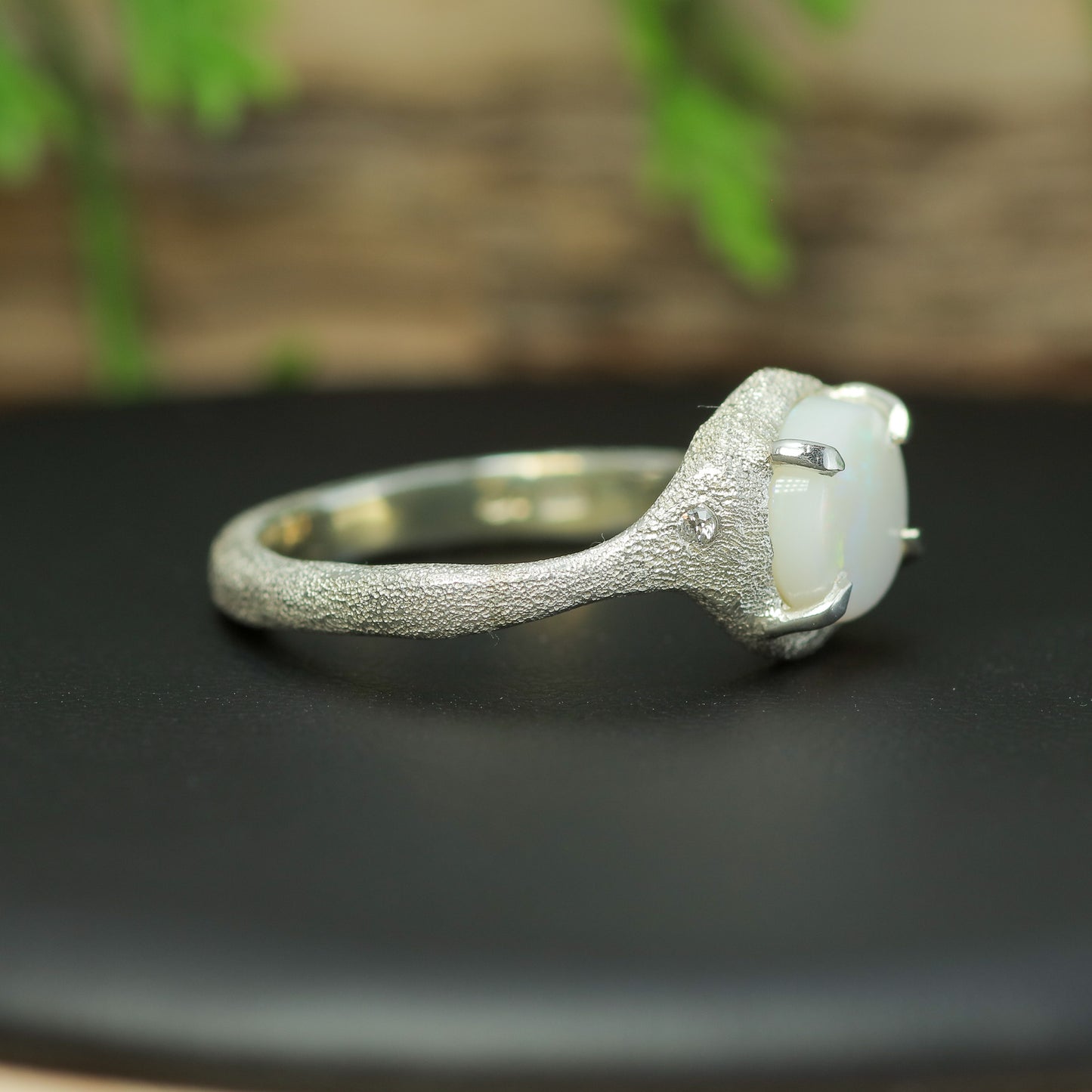 Handcrafted Coober Pedy White Opal & Lab Diamond Textured Ring