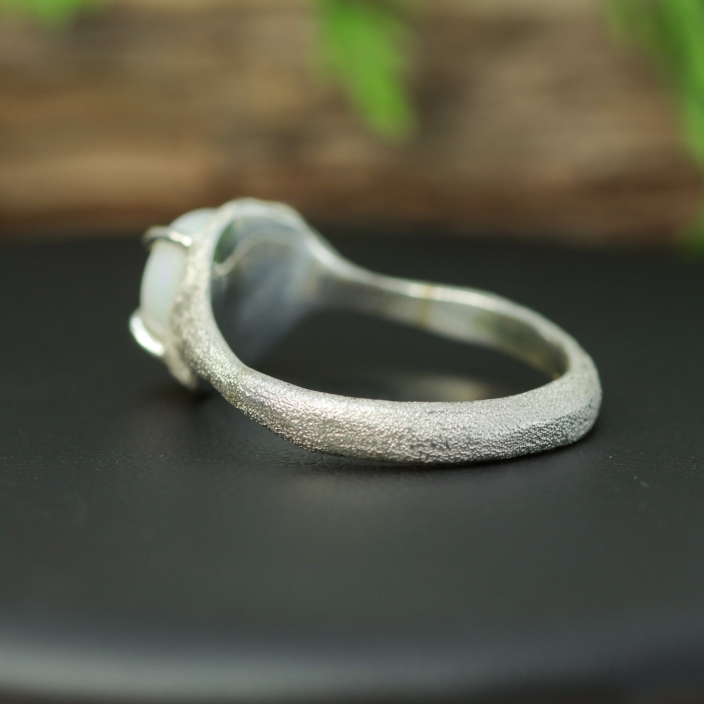 Handcrafted Coober Pedy White Opal & Lab Diamond Textured Ring
