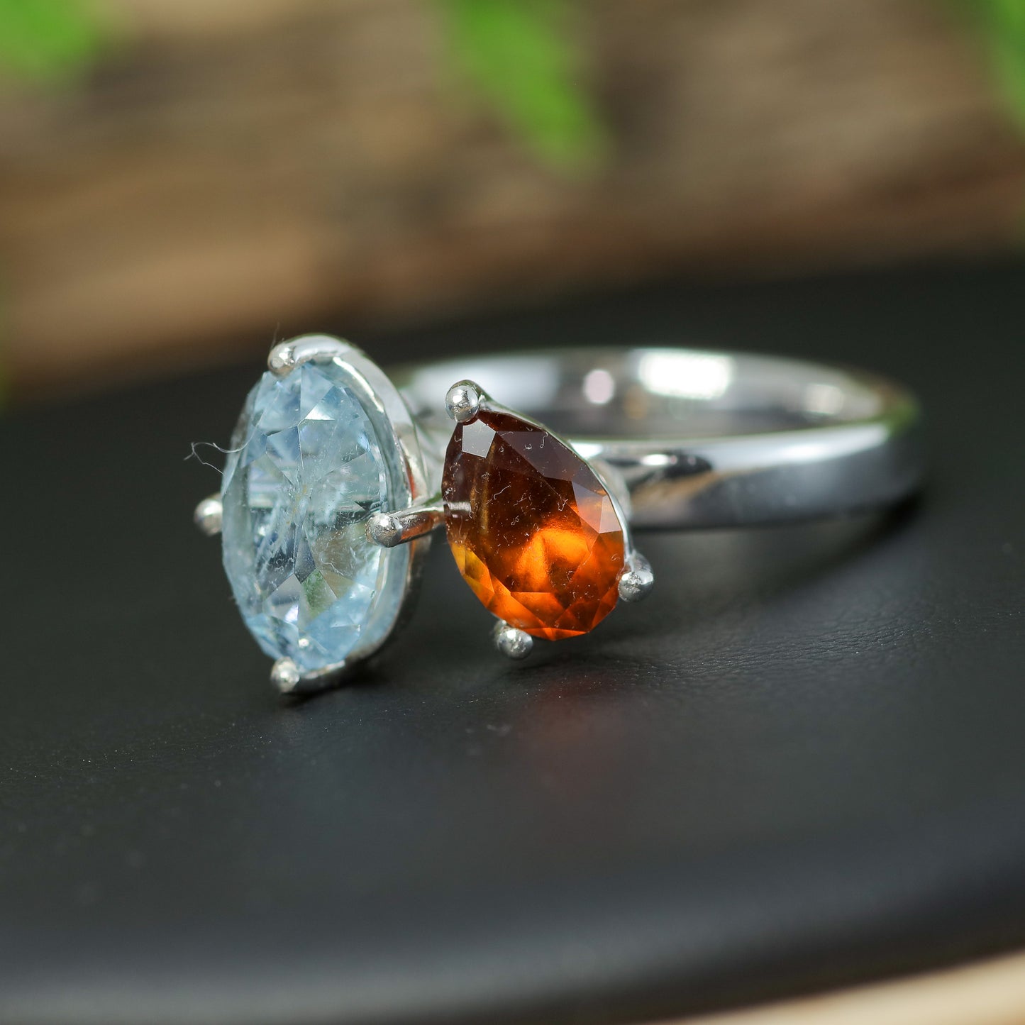 Bespoke Aquamarine & Hessonite Garnet Two-Stone Ring