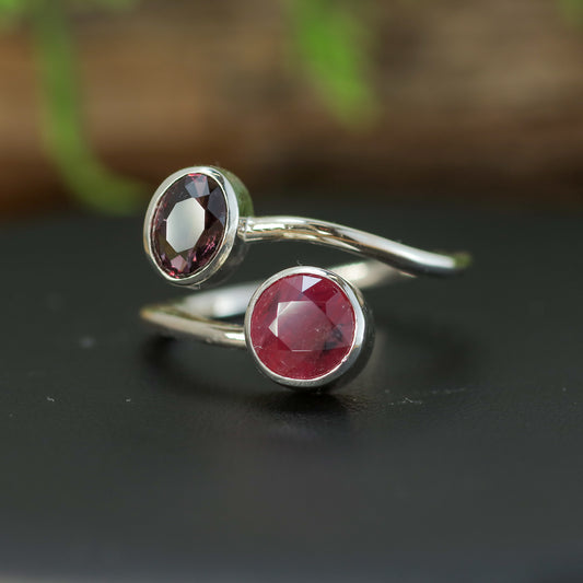 Handcrafted Ruby & Oval Spinel Silver Bypass Ring