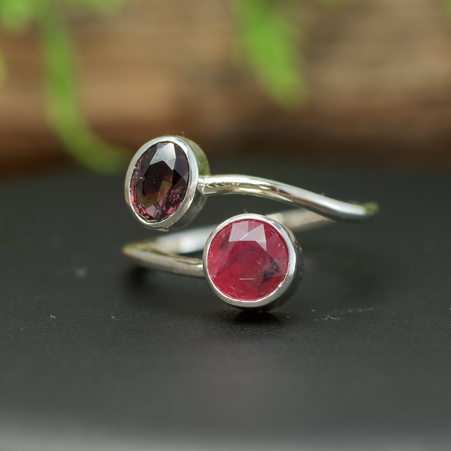 Handcrafted Ruby & Oval Spinel Silver Bypass Ring