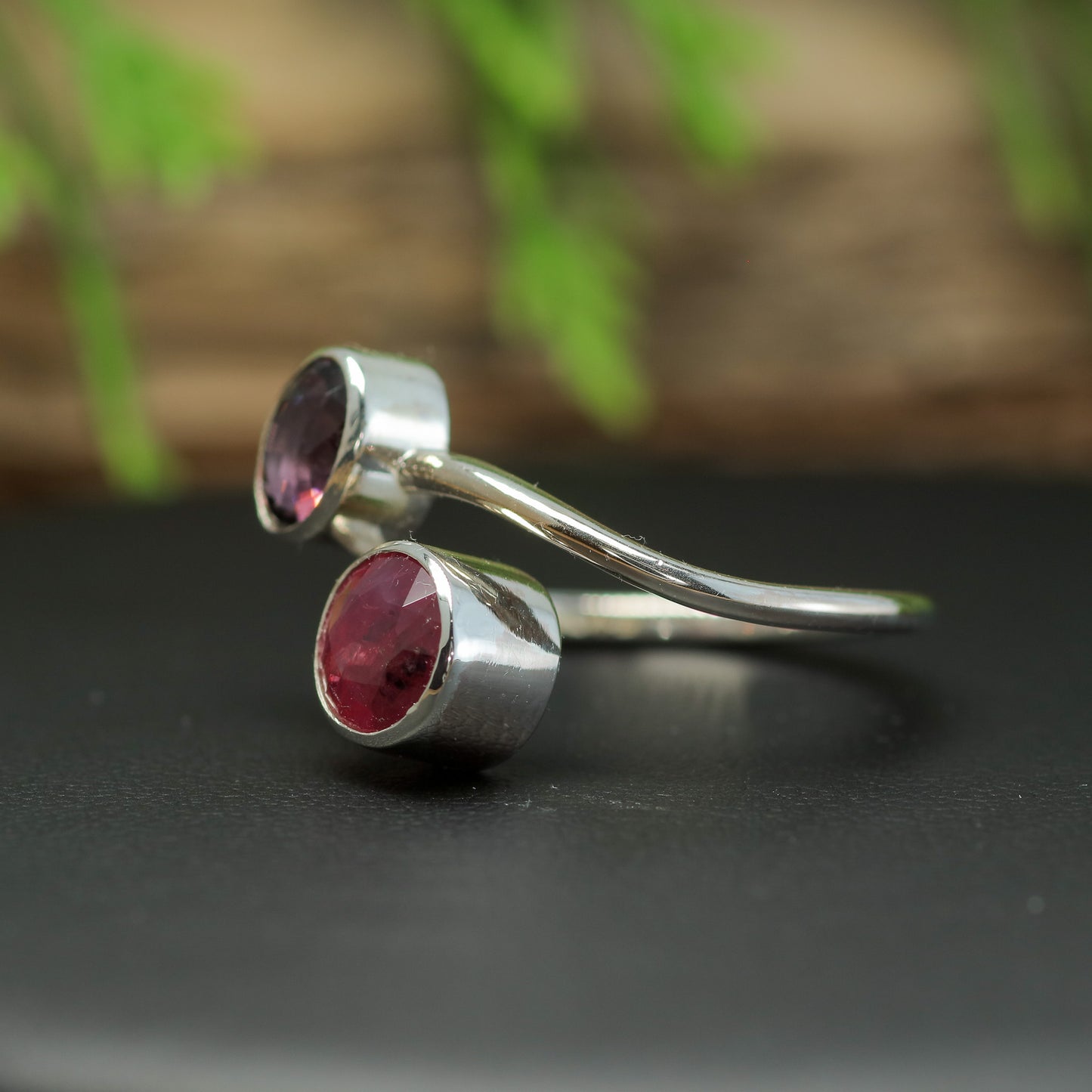 Handcrafted Ruby & Oval Spinel Silver Bypass Ring