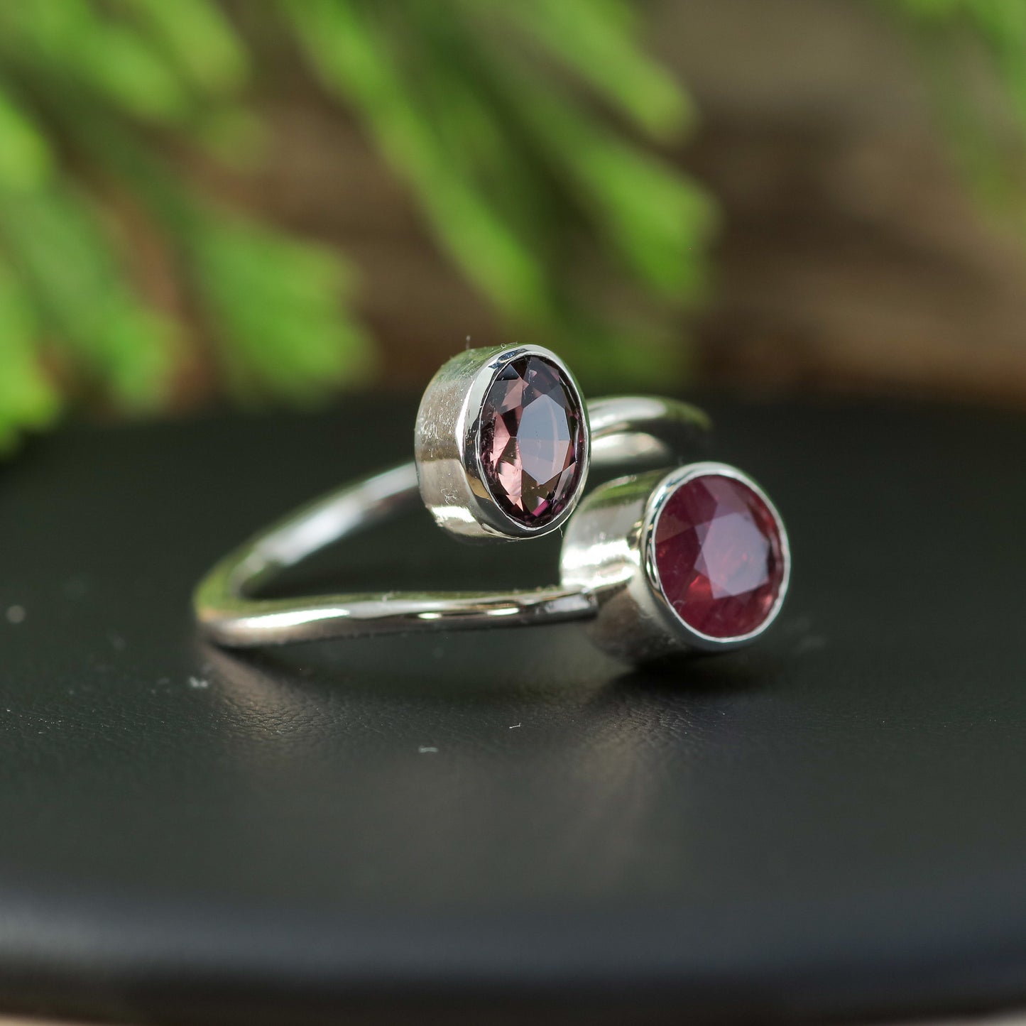 Handcrafted Ruby & Oval Spinel Silver Bypass Ring