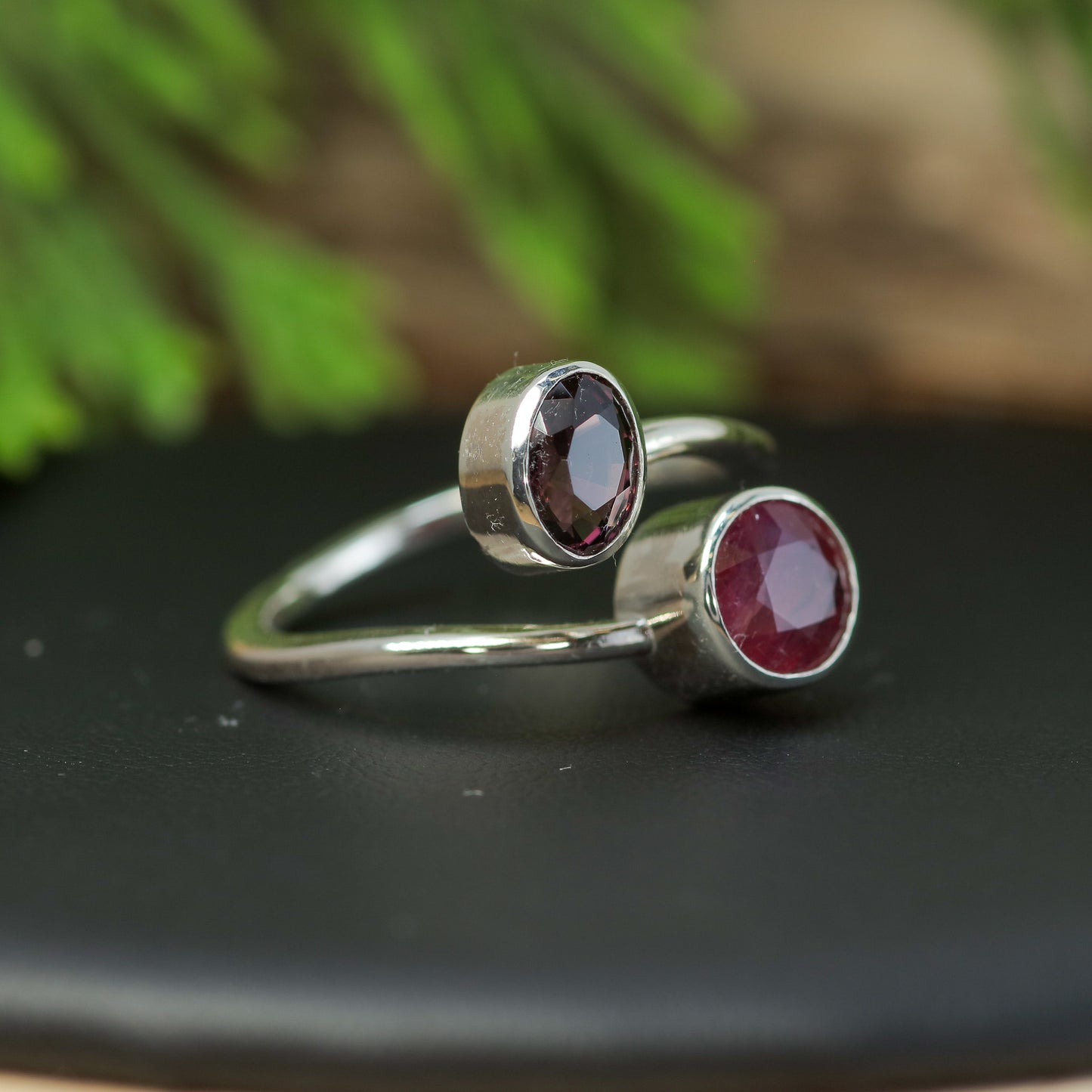 Handcrafted Ruby & Oval Spinel Silver Bypass Ring