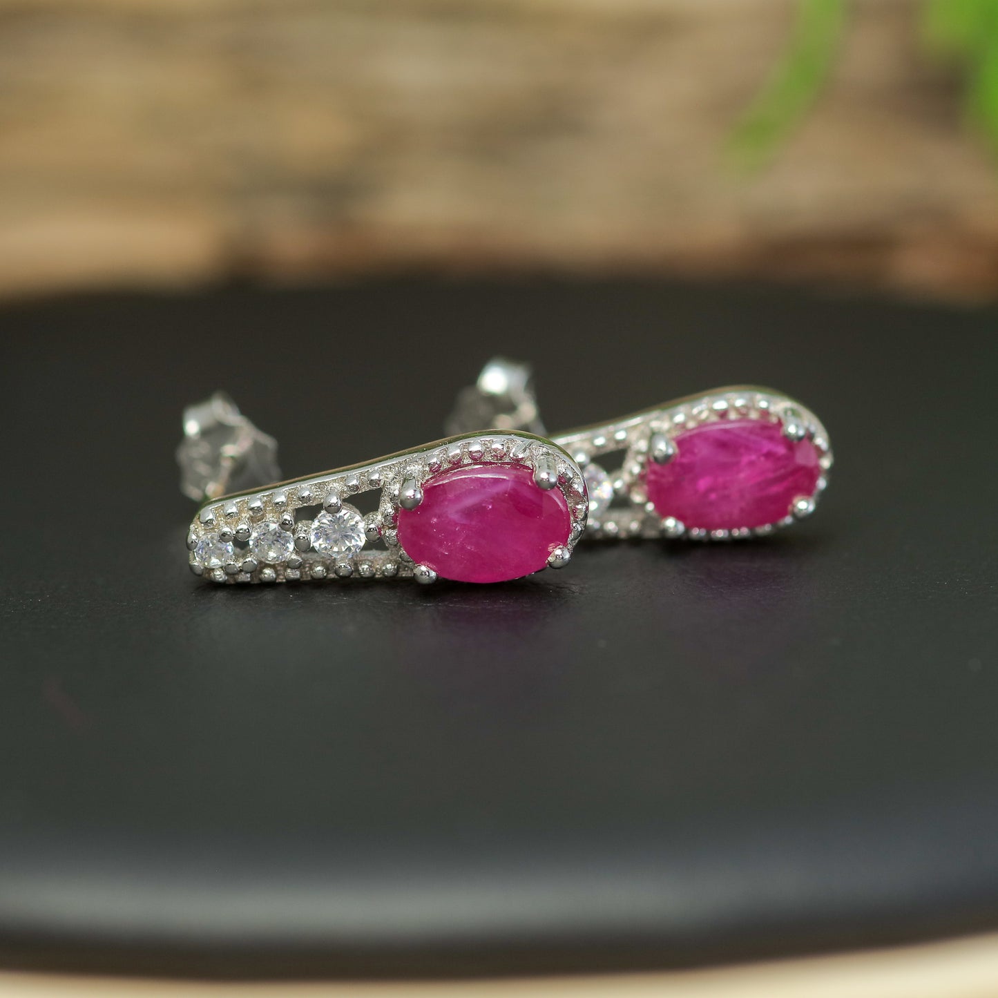 Natural Ruby & Cubic Zirconia Drop Stud Earrings