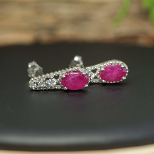 Natural Ruby & Cubic Zirconia Drop Stud Earrings