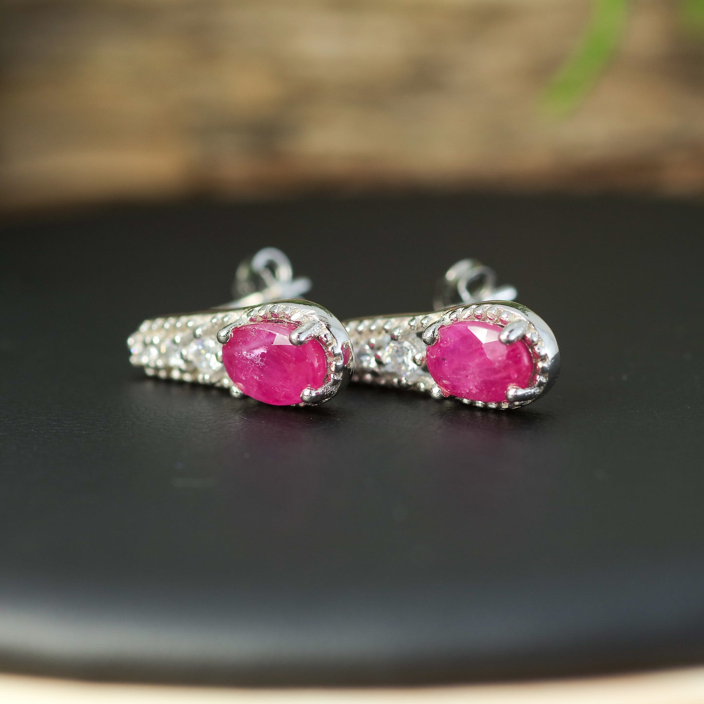 Natural Ruby & Cubic Zirconia Drop Stud Earrings