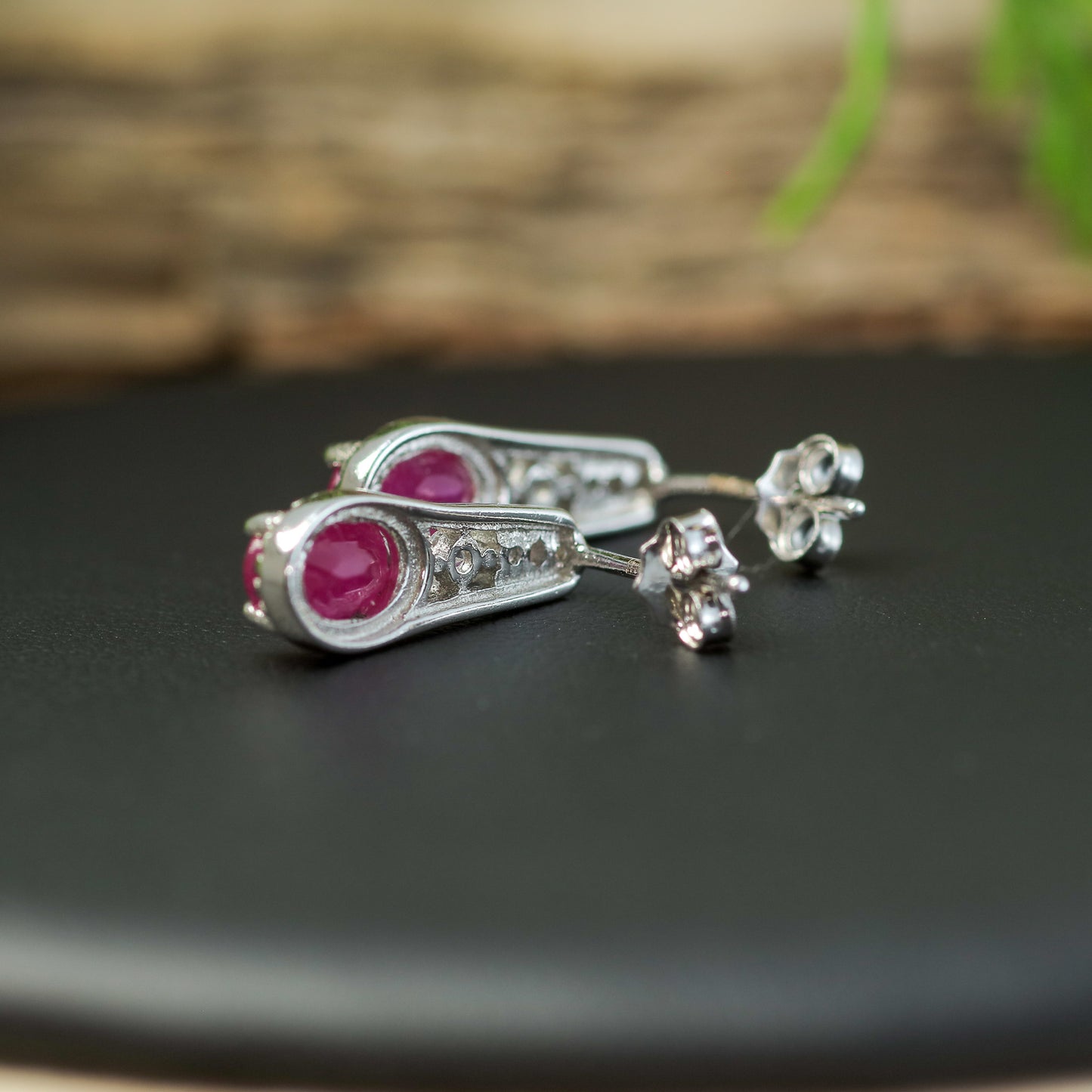 Natural Ruby & Cubic Zirconia Drop Stud Earrings