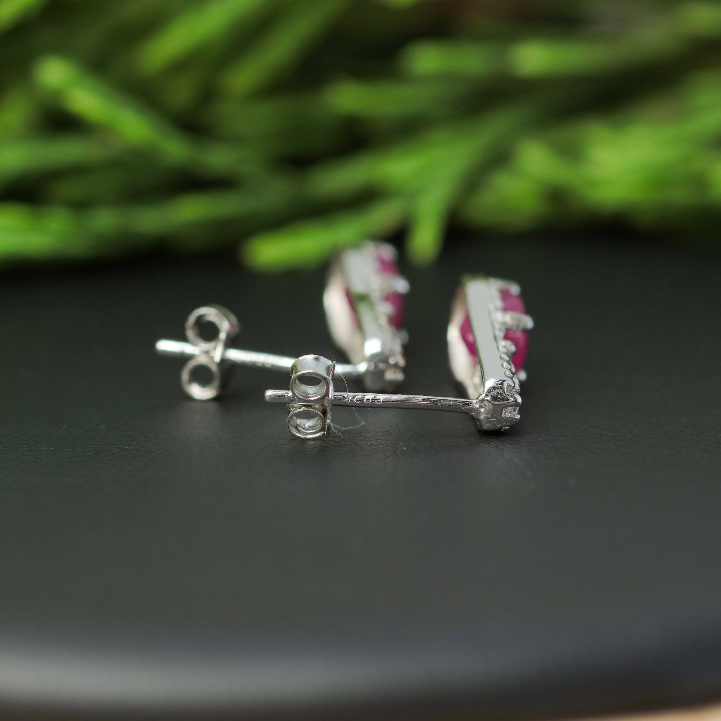 Natural Ruby & Cubic Zirconia Drop Stud Earrings