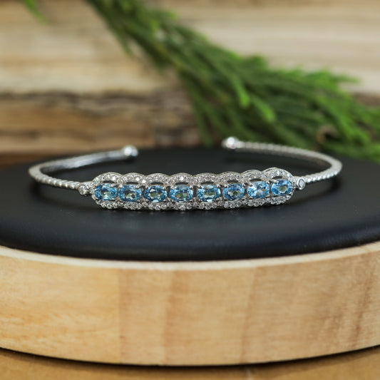 Natural Blue Topaz Wave Link Open Bangle