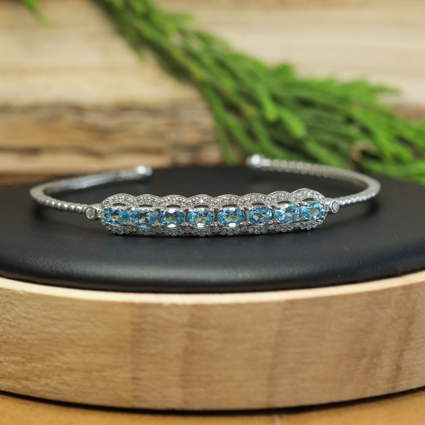 Natural Blue Topaz Wave Link Open Bangle