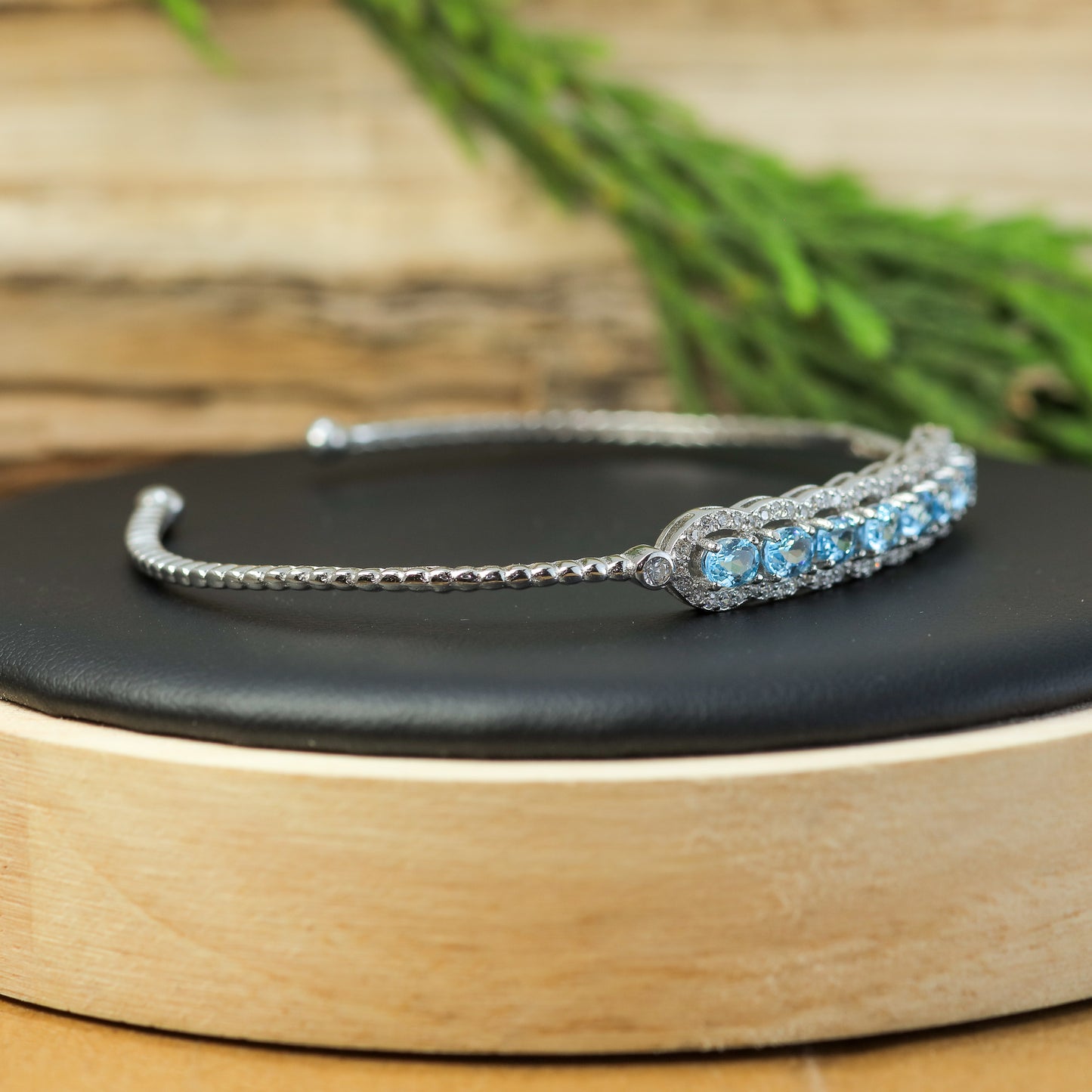Natural Blue Topaz Wave Link Open Bangle