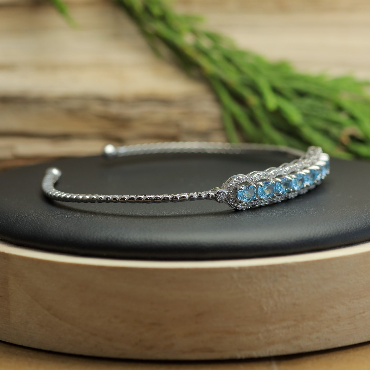 Natural Blue Topaz Wave Link Open Bangle