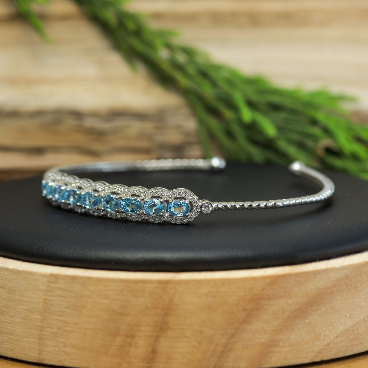Natural Blue Topaz Wave Link Open Bangle