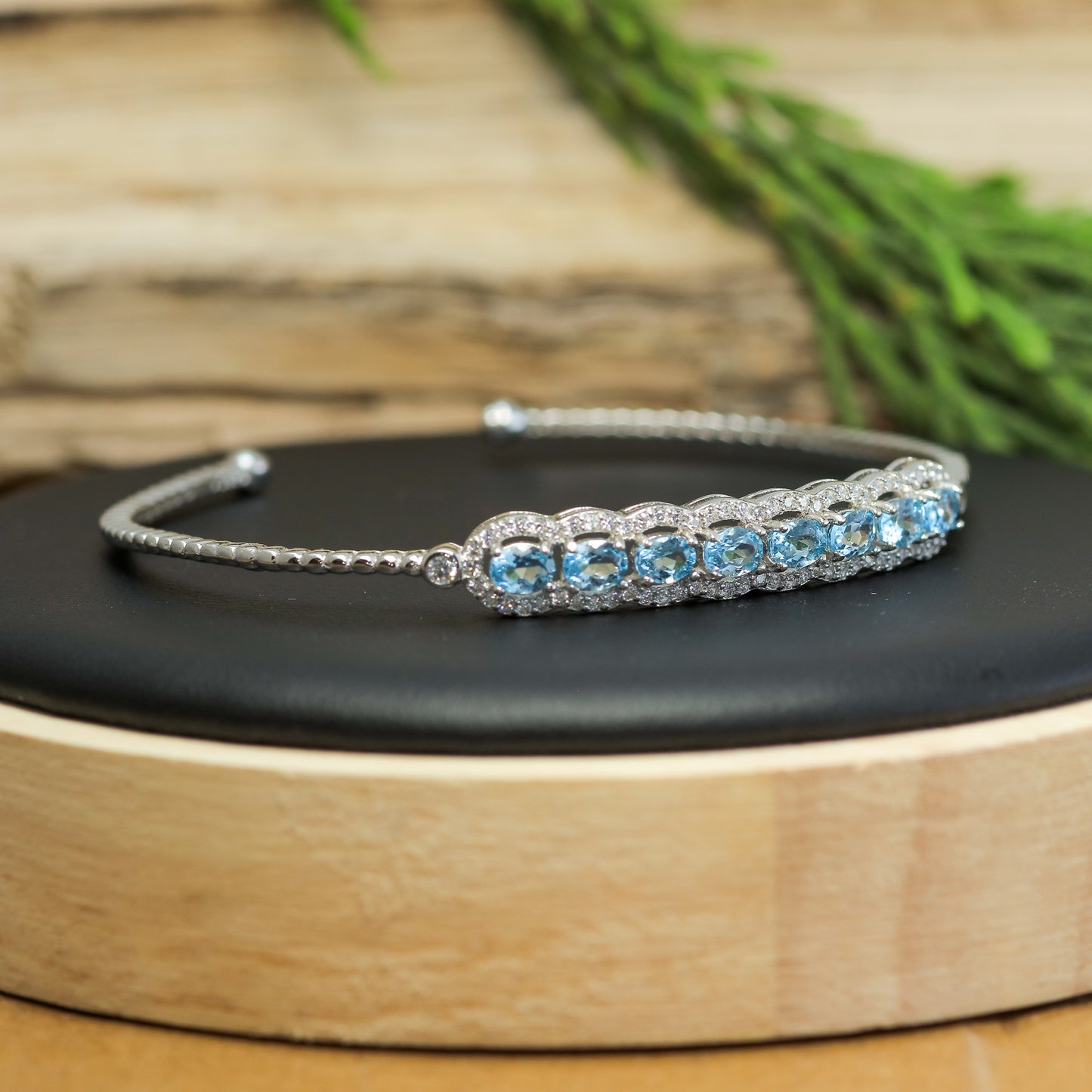 Natural Blue Topaz Wave Link Open Bangle