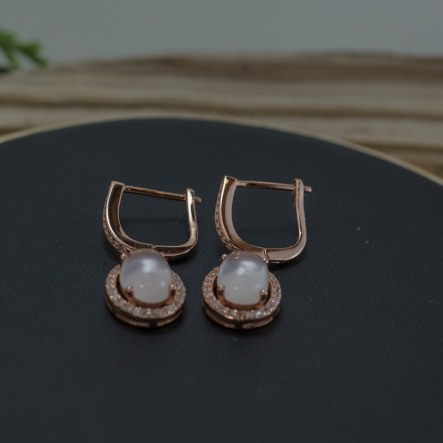 Natural Rose Quartz Rose Gold Halo Drop Earrings