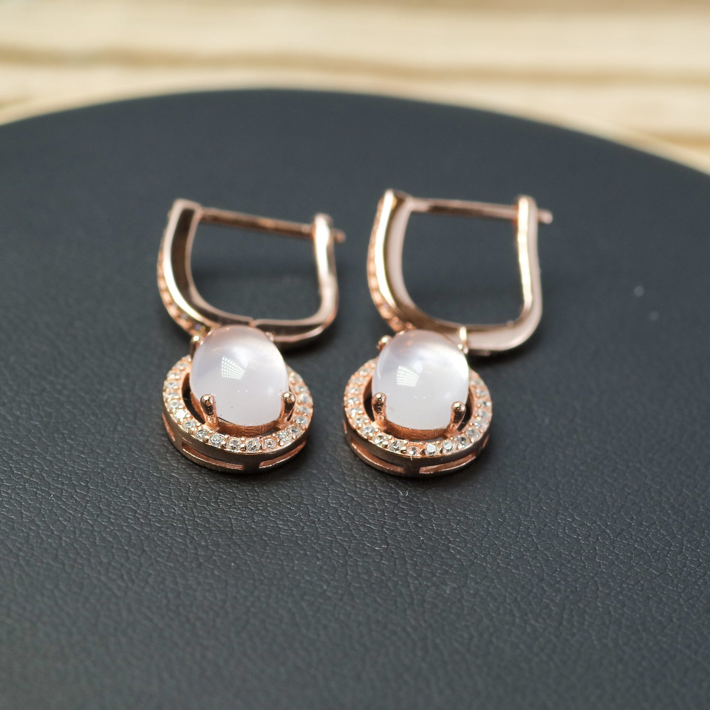 Natural Rose Quartz Rose Gold Halo Drop Earrings
