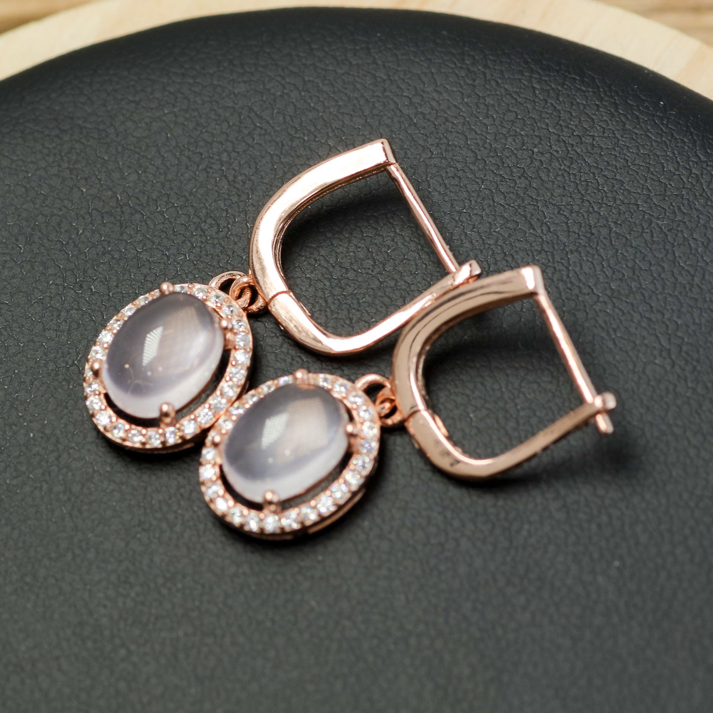 Natural Rose Quartz Rose Gold Halo Drop Earrings