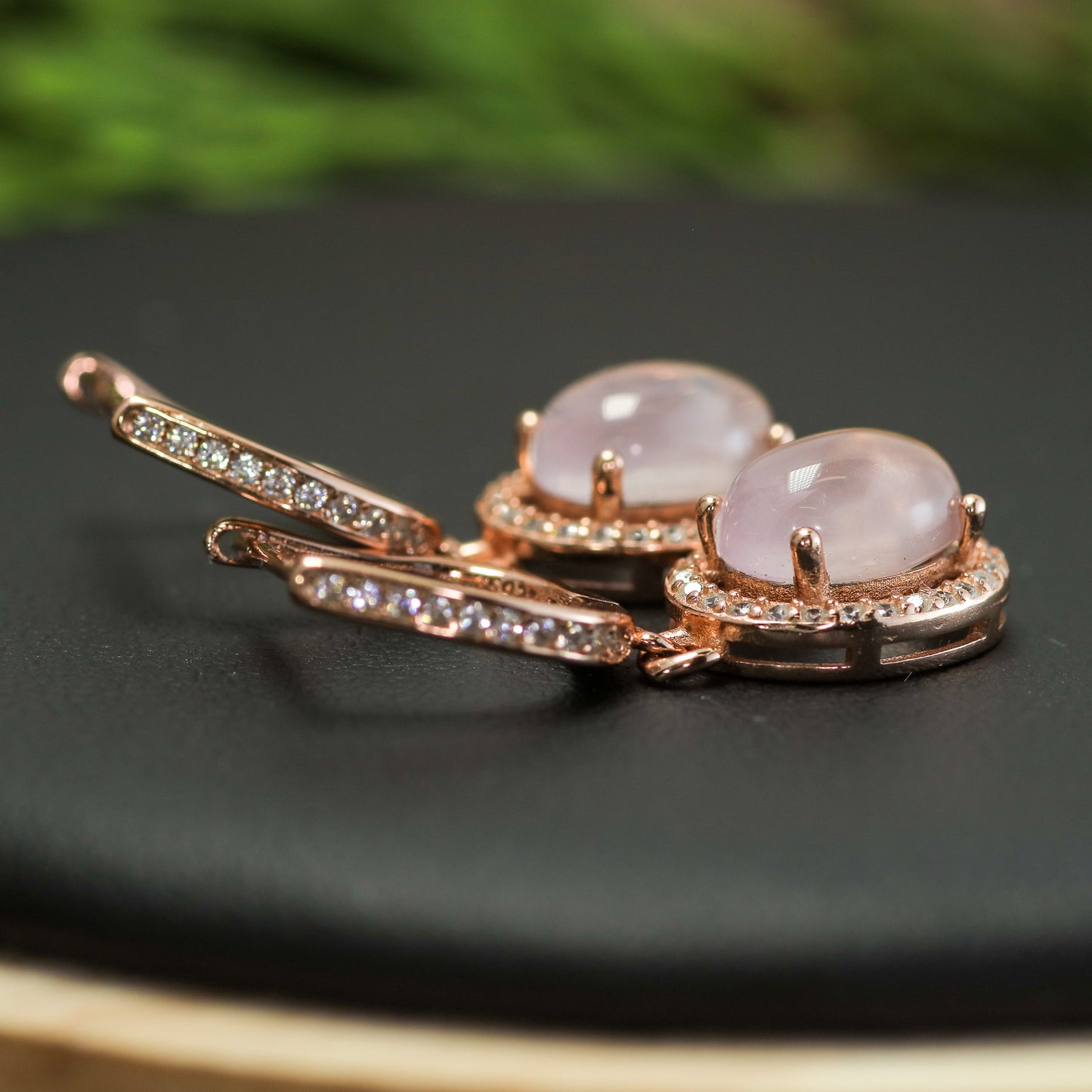 Natural Rose Quartz Rose Gold Halo Drop Earrings