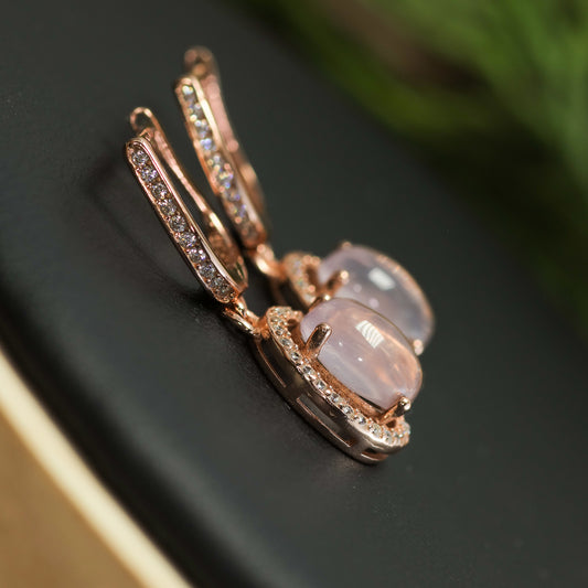 Natural Rose Quartz Rose Gold Halo Drop Earrings