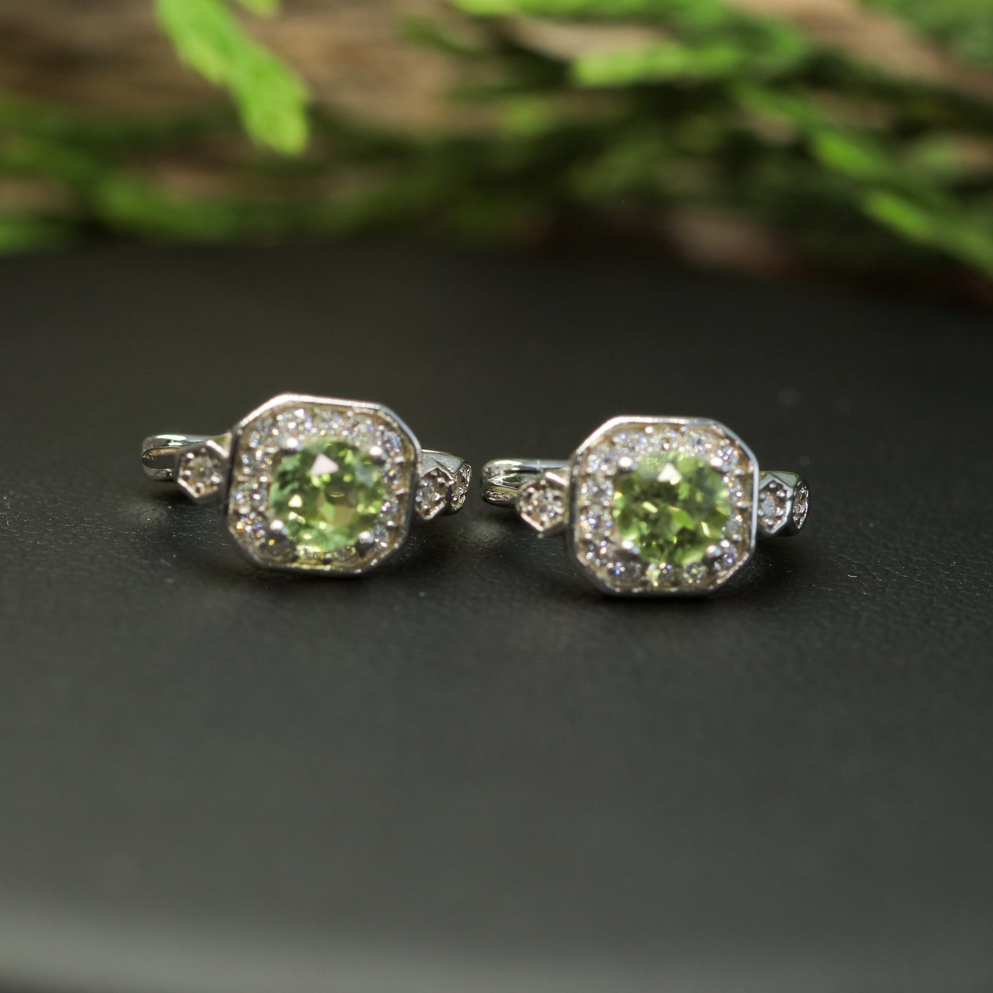 Natural Peridot Geometric Halo Huggie Earrings