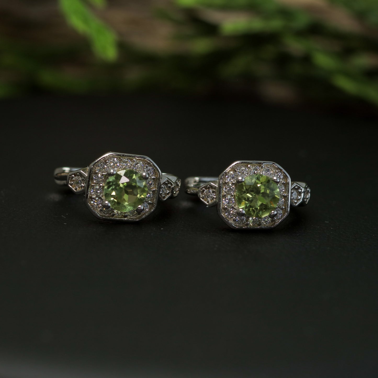 Natural Peridot Geometric Halo Huggie Earrings