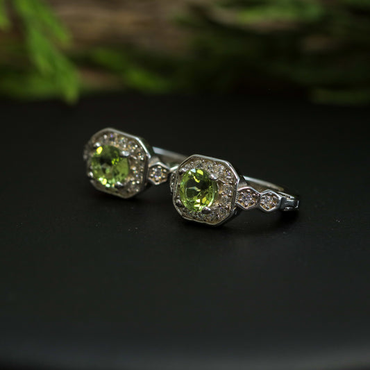 Natural Peridot Geometric Halo Huggie Earrings