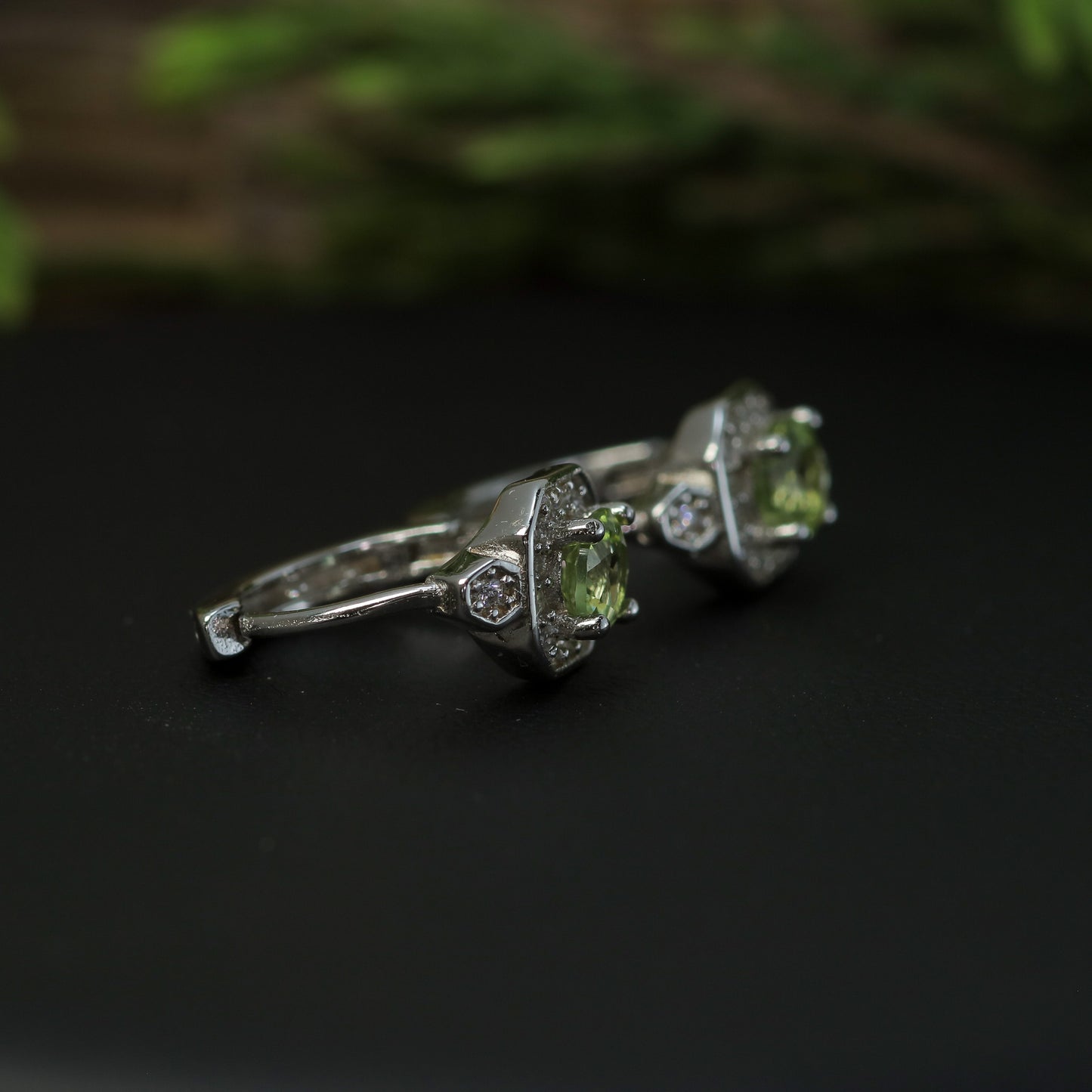 Natural Peridot Geometric Halo Huggie Earrings