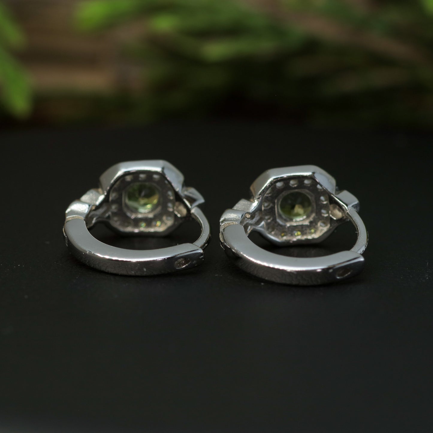 Natural Peridot Geometric Halo Huggie Earrings