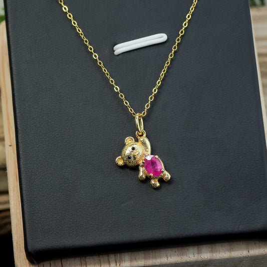 Natural Ruby Teddy Bear Pendant Necklace
