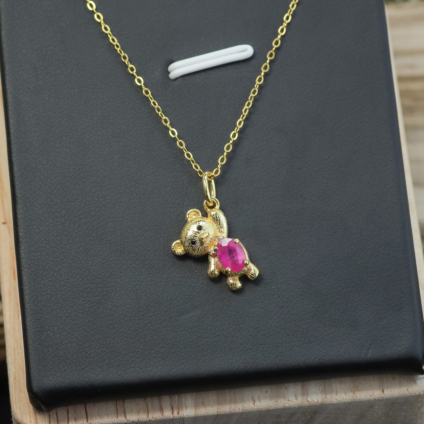 Natural Ruby Teddy Bear Pendant Necklace