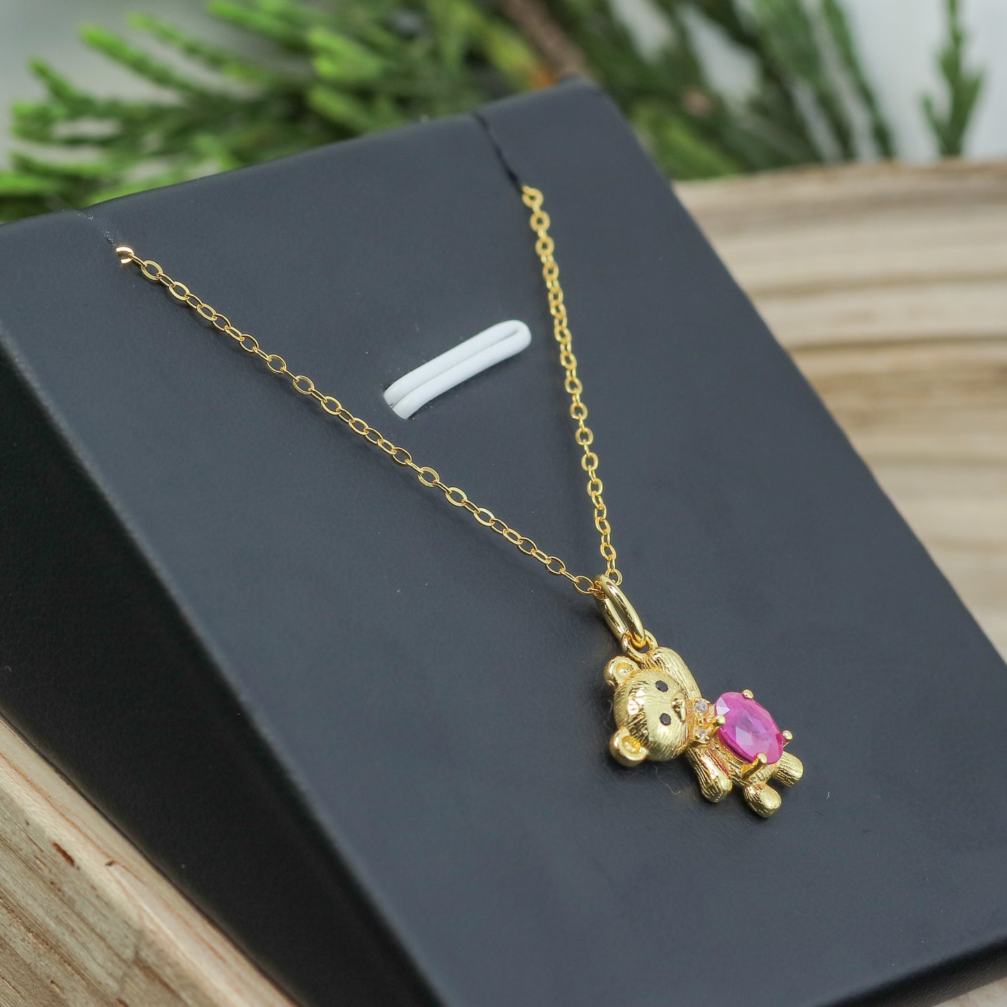Natural Ruby Teddy Bear Pendant Necklace