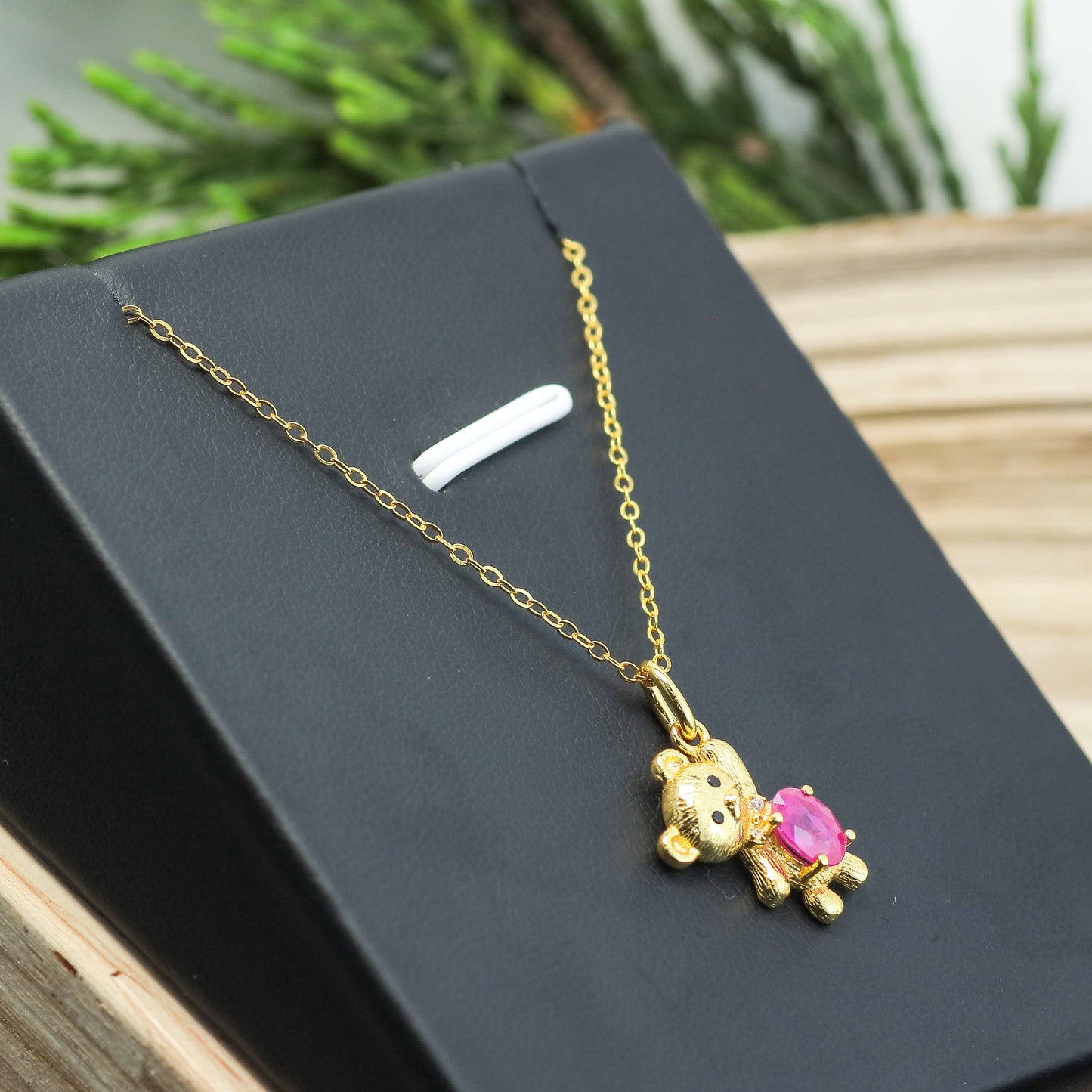 Natural Ruby Teddy Bear Pendant Necklace