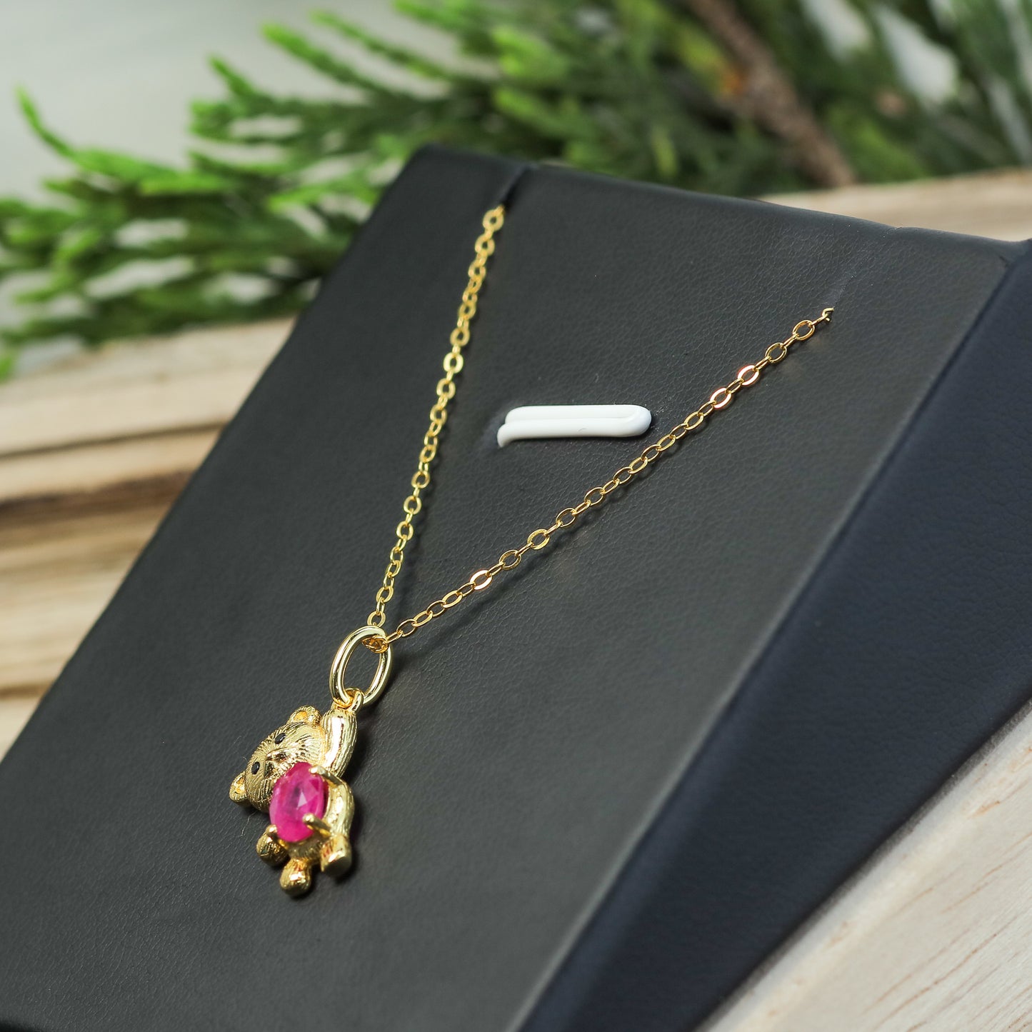 Natural Ruby Teddy Bear Pendant Necklace