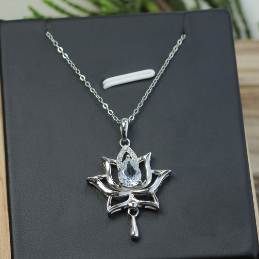 Natural Aquamarine Lotus Pendant Necklace