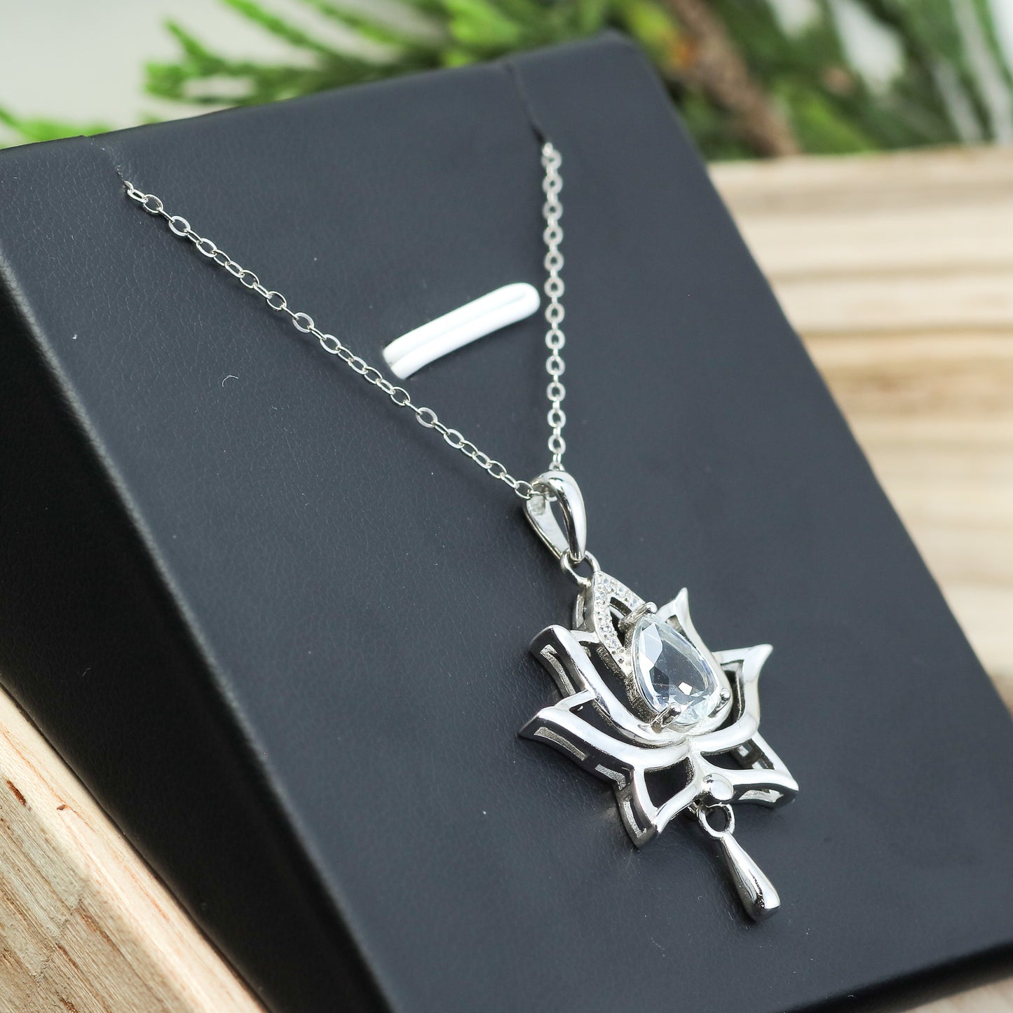 Natural Aquamarine Lotus Pendant Necklace