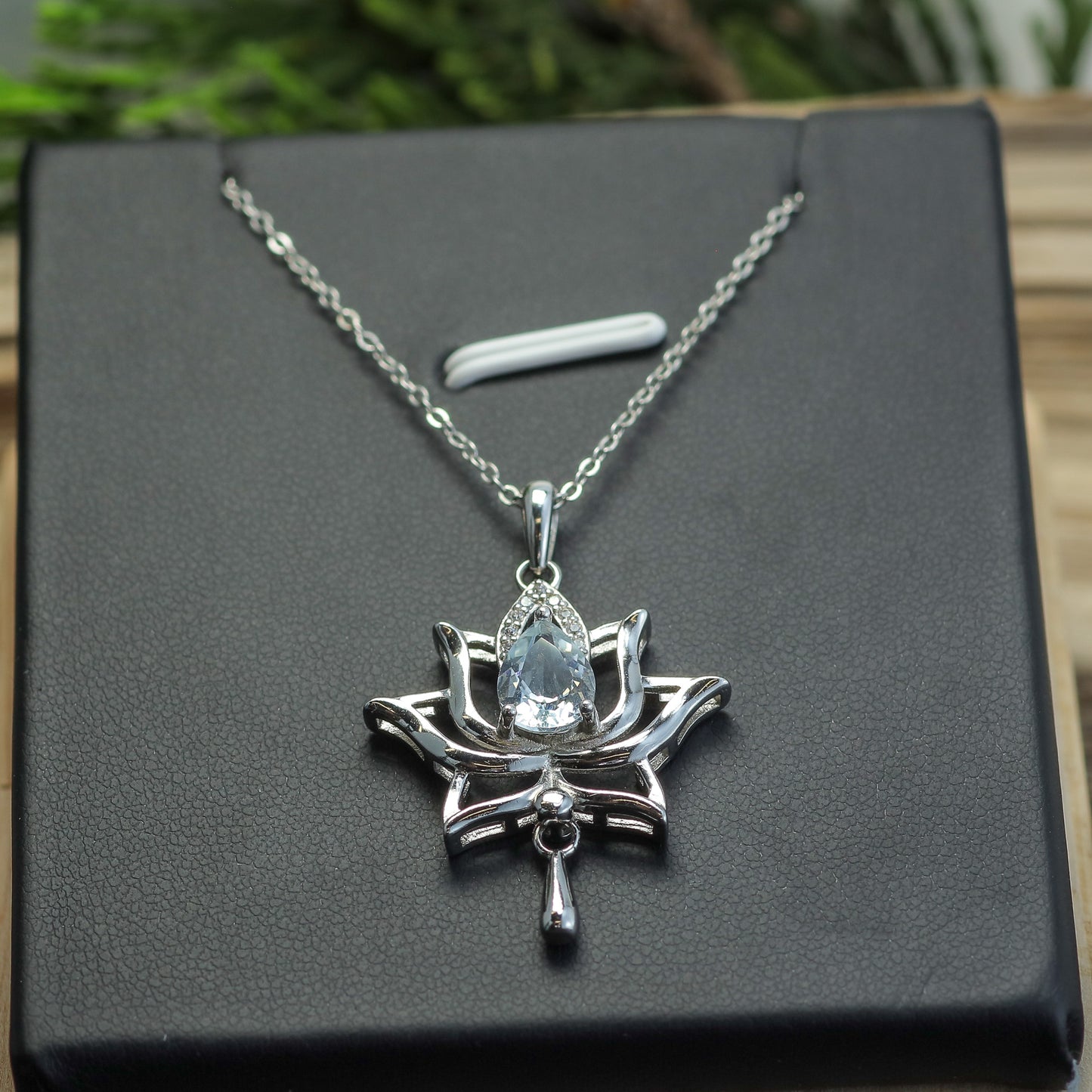 Natural Aquamarine Lotus Pendant Necklace