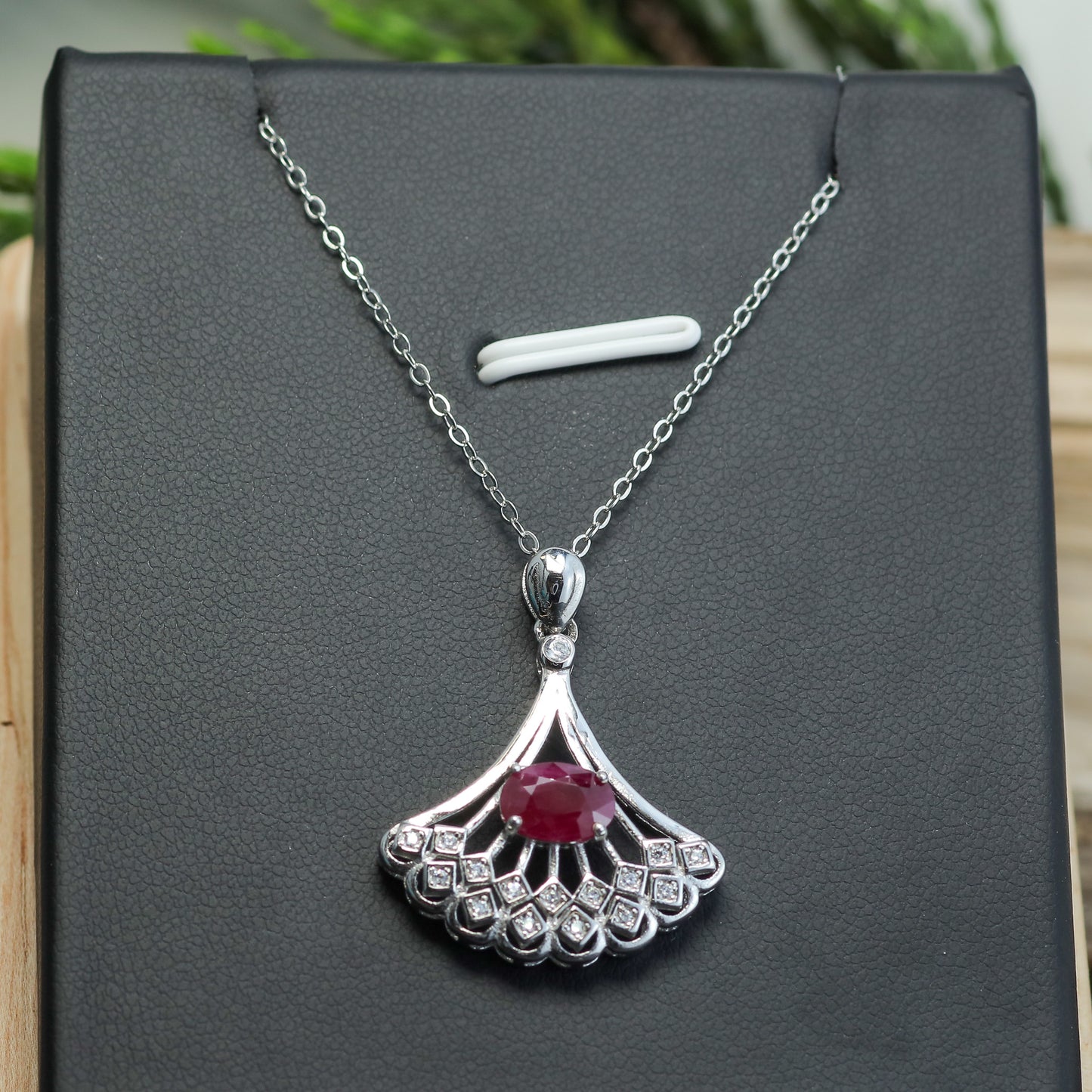 Natural Ruby Art Deco Fan Pendant Necklace