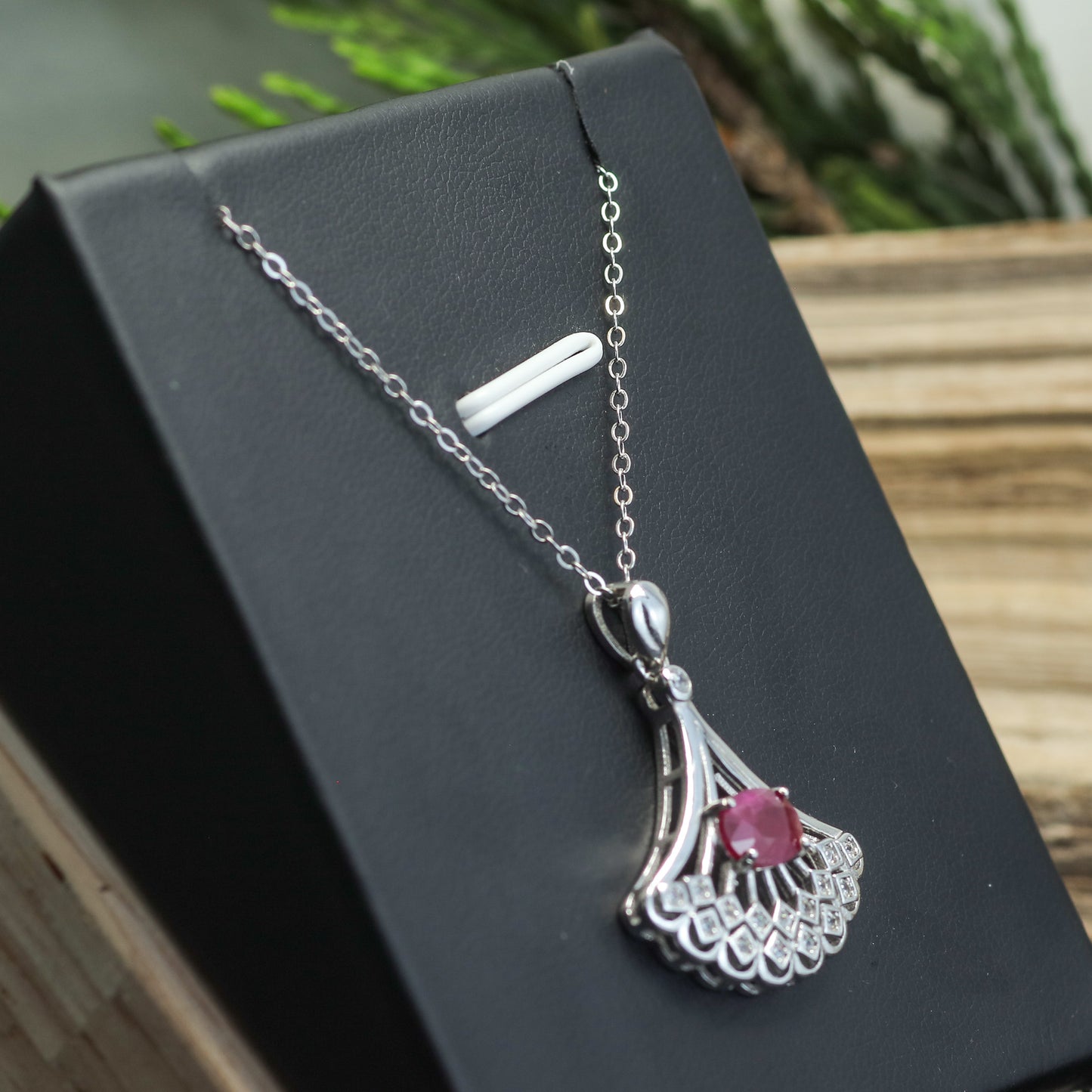 Natural Ruby Art Deco Fan Pendant Necklace