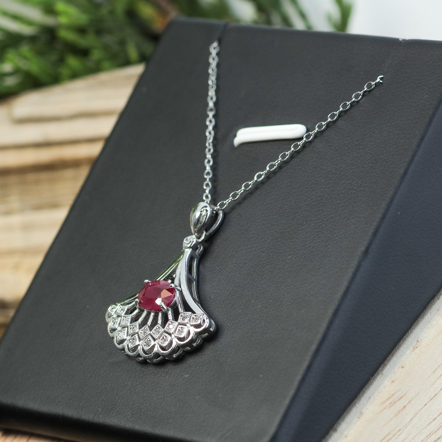 Natural Ruby Art Deco Fan Pendant Necklace